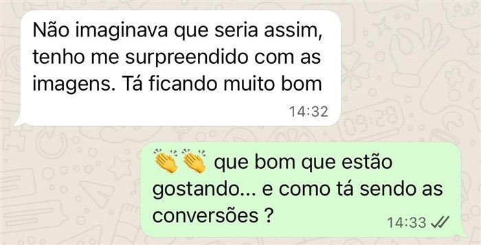 Depoimento real por WhatsApp: cliente diz que não imaginava que o resultado das imagens seria tão bom